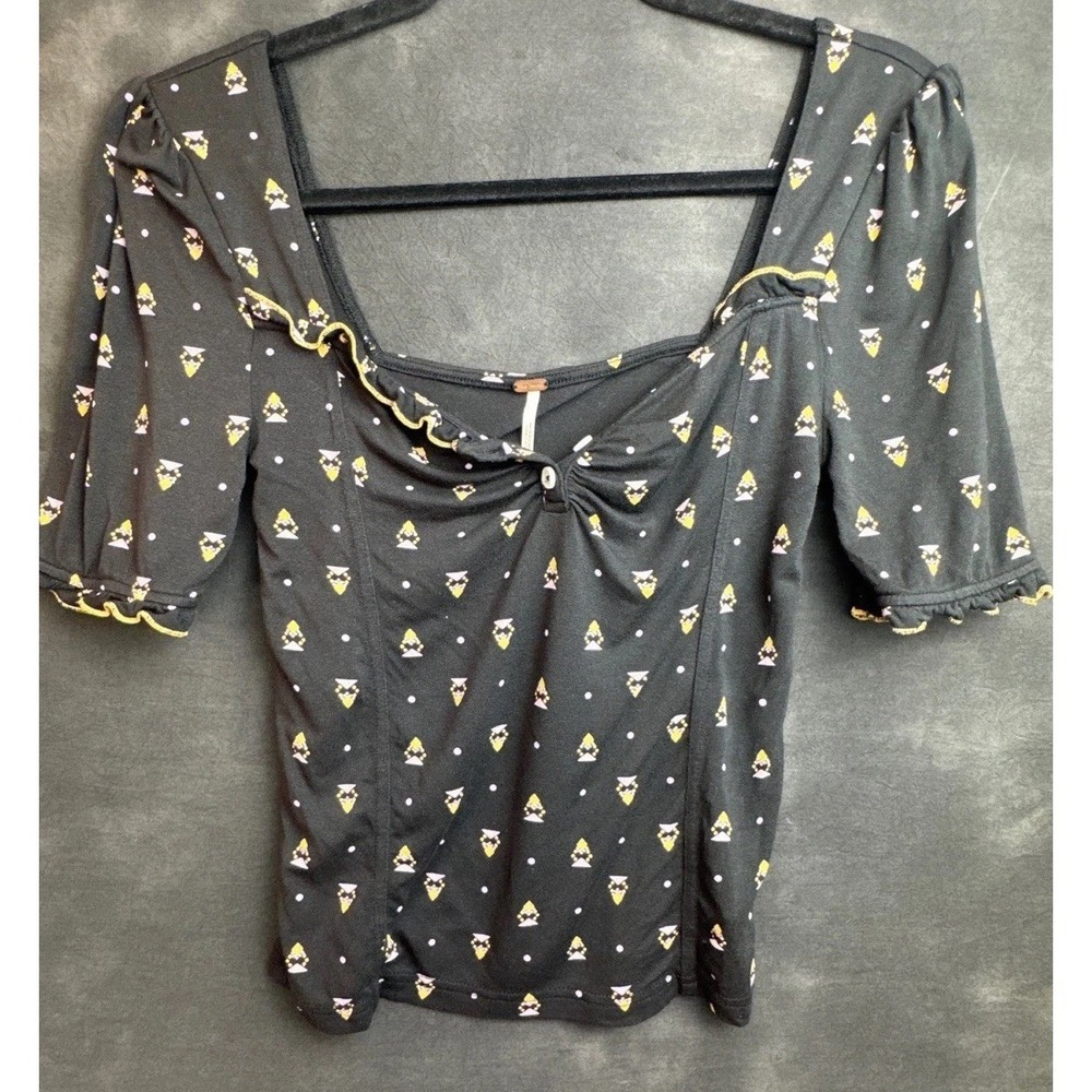 Free People Small Black Printed Top Sweetheart Ruffle Puff Sleeve Boho Blouse S